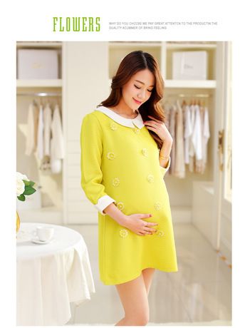 3月下旬新款 2015年春裝新品孕婦裝 韓版女裝純色娃娃領(lǐng)中長款孕婦連衣裙原始圖片3