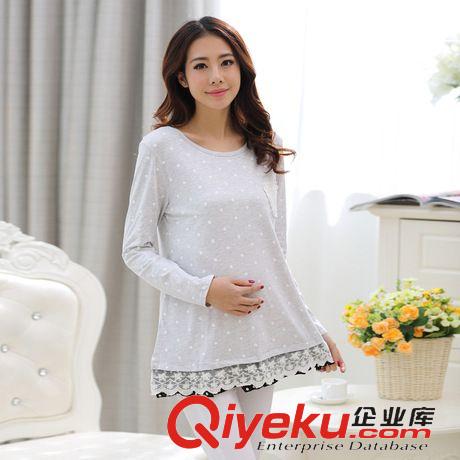 3月下旬新款 2015年春裝新品孕婦裝 韓版女裝波點拼接蕾絲下擺長袖孕婦連衣裙原始圖片2