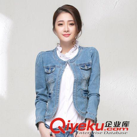 女式牛仔外套 2015春裝新款牛仔外套 韓版女裝圓領(lǐng)修身短款彈力牛仔小外套原始圖片2