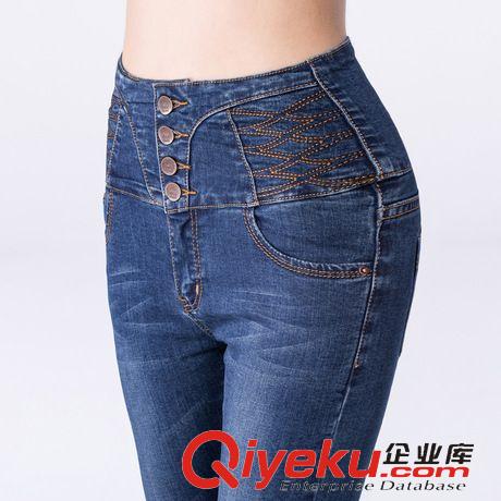 女式牛仔褲 2015年春季新款牛仔褲 復古高腰4粒扣修身顯瘦牛仔小腳褲鉛筆褲原始圖片2