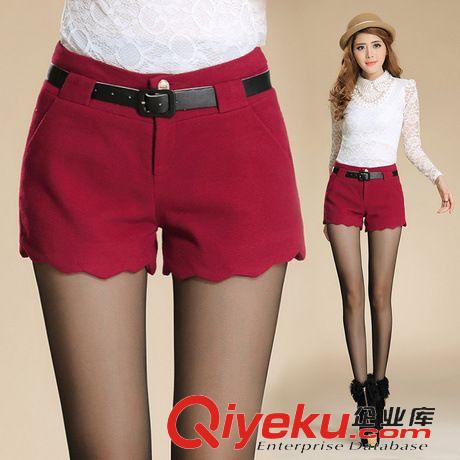 女式休閑褲 2014秋冬季新款毛呢短褲 韓版女裝修身時尚波浪邊毛呢短褲 靴褲原始圖片2