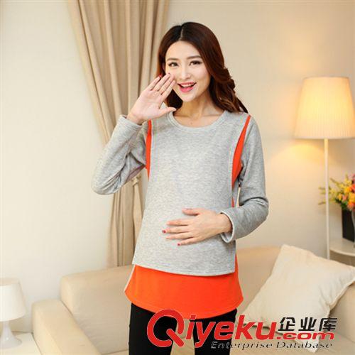 秋冬孕婦裝 2014秋冬新款孕婦裝圓領長袖加絨加厚哺乳衣外出時尚喂奶衫上衣原始圖片3