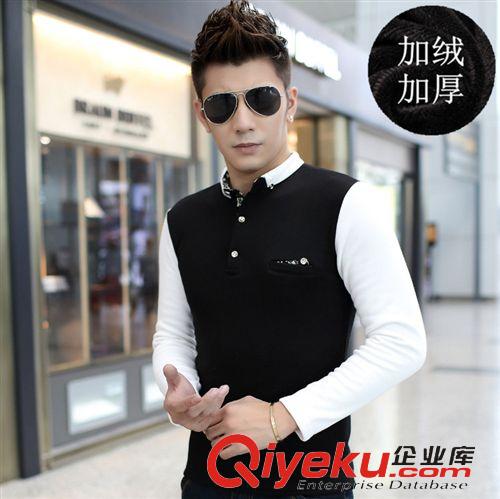 男士保暖T恤 2014秋冬裝新款 韓版印花V領(lǐng)加絨加厚長(zhǎng)袖T恤潮男保暖打底衫