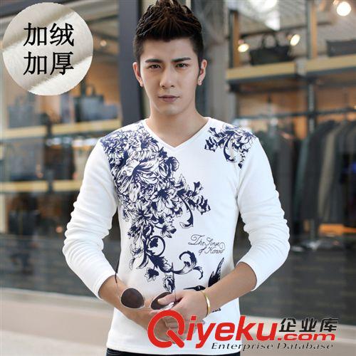 男士保暖T恤 2014秋冬裝新款 韓版印花V領(lǐng)加絨加厚長(zhǎng)袖T恤潮男保暖打底衫原始圖片2