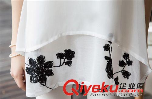 雪紡衫，蕾絲衫 2015夏季新款胖MM大碼女裝寬松顯瘦刺繡雙層中長款短袖雪紡衫女原始圖片2