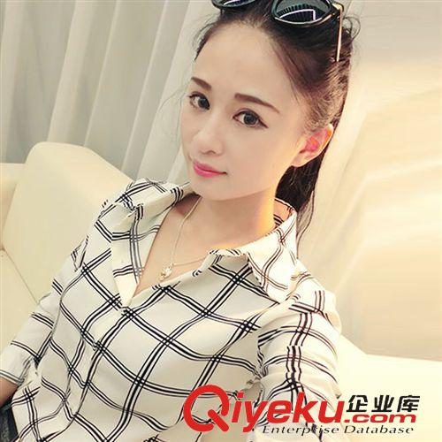 春 格子襯衫女長(zhǎng)袖新款2015純棉春夏裝韓國(guó)版修身顯瘦學(xué)院風(fēng)襯衣批發(fā)
