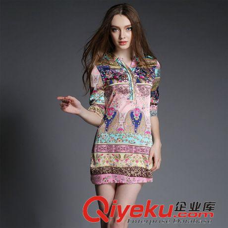 4.14號(hào)上新 歐洲站2015夏季新款外貿(mào)女裝 歐美浪漫印花修身中袖連衣裙短裙