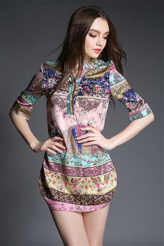 4.14號(hào)上新 歐洲站2015夏季新款外貿(mào)女裝 歐美浪漫印花修身中袖連衣裙短裙原始圖片2