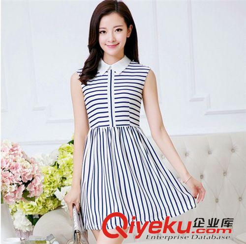 4.12號(hào)上新 gd女裝2015夏季新款連衣裙 韓版條紋大碼修身無(wú)袖雪紡連衣裙原始圖片2