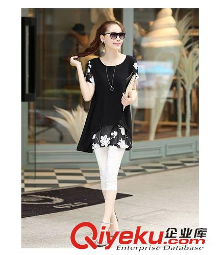 3.25夏款上新 夏季爆款雪紡衫女 韓版大碼修身不規(guī)則刺繡中長款假兩件短袖上衣原始圖片2