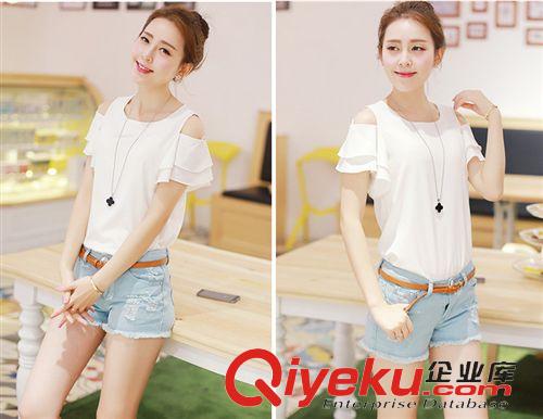 3.25夏款上新 2015夏季新品雪紡衫 小清新女裝露肩飛飛袖圓領(lǐng)雪紡小衫 廠家直銷原始圖片3