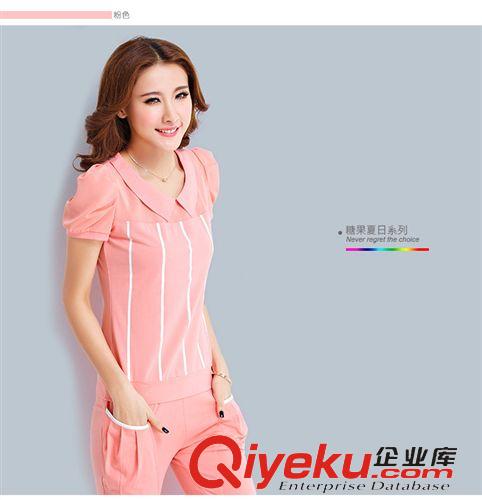 休閑運(yùn)動(dòng)套裝 2015夏季新款套裝女 韓版娃娃領(lǐng)雪紡上衣七分褲兩件套運(yùn)動(dòng)服原始圖片3