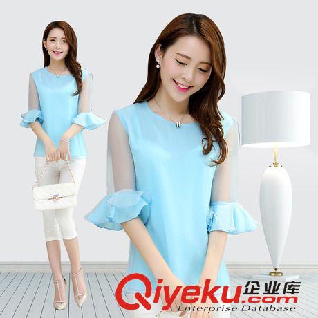 雪紡衫 蕾絲衫 2015夏季新品雪紡衫女 韓版波點(diǎn)荷葉邊飛飛袖雪紡上衣潮百搭