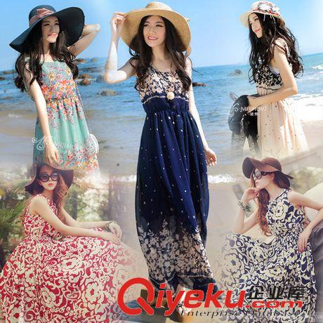 沙灘裙 外貿(mào)原單2015夏季新款 波西米亞沙灘裙雪紡長裙連衣裙印花連衣裙
