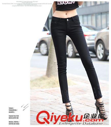 女式牛仔專場 韓國實拍2015新款牛仔女 韓版時尚修身個性破洞毛邊小腳鉛筆褲原始圖片3