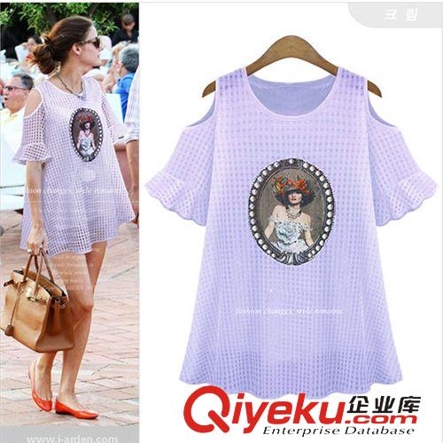女式新款t恤 歐洲站2015夏裝新款t恤女 歐美風歐根紗印花圓領大碼上衣原始圖片3
