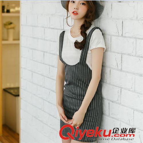 4月新款 2015夏季新款學(xué)院風(fēng)甜美豎條紋背帶裙背心裙包裙連衣裙原始圖片2
