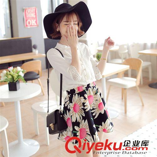 兩件套裝 2015夏裝新款韓版女裝時尚印花雪紡七分袖V領連衣裙兩件套裝原始圖片2