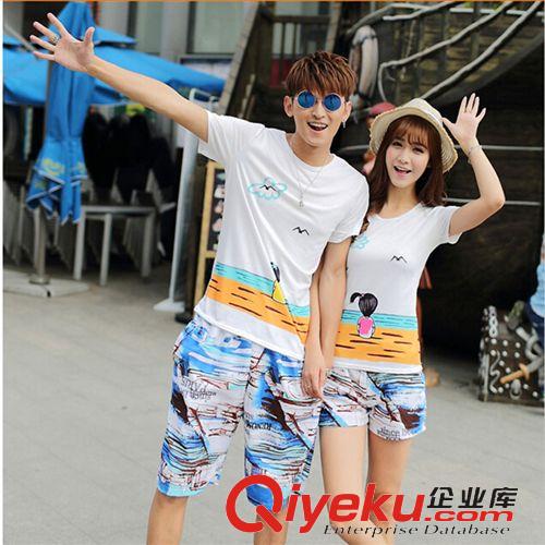 5月1期新品 2015夏新款韓版情侶裝海邊蜜月服男女短袖t恤沙灘短褲兩件套套裝