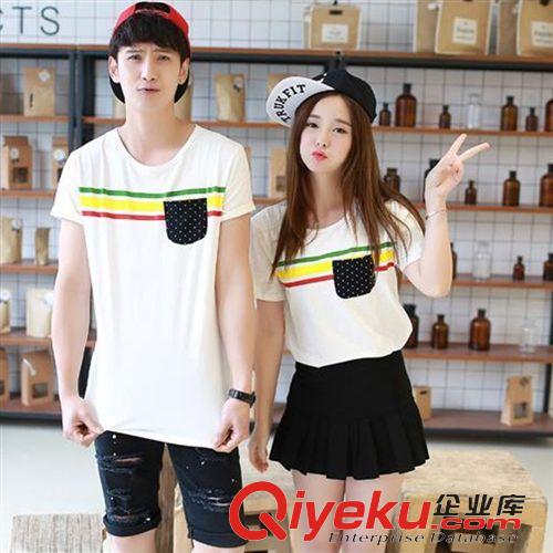 4月11期新品 情侶裝夏季韓國情侶短袖t恤印花條紋口袋半袖情侶衫班服一件代發(fā)原始圖片2