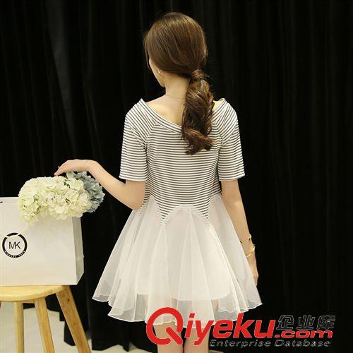 4月10期新品 2015新款韓版修身顯瘦歐根紗拼接V領條紋連衣裙公主蓬蓬裙原始圖片2