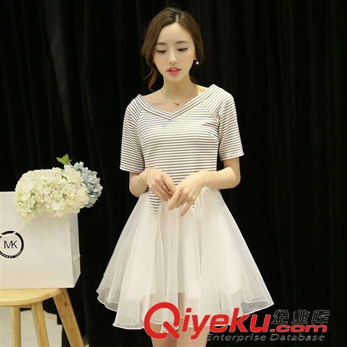 4月10期新品 2015新款韓版修身顯瘦歐根紗拼接V領條紋連衣裙公主蓬蓬裙原始圖片3