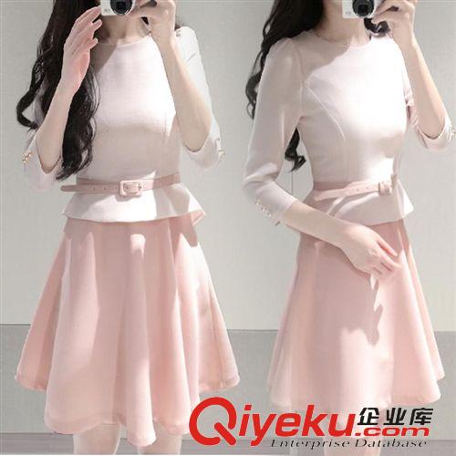 4月5期新品 韓國東大門代購春夏新款女裝韓版七分袖雪紡連衣裙假兩件套百褶裙