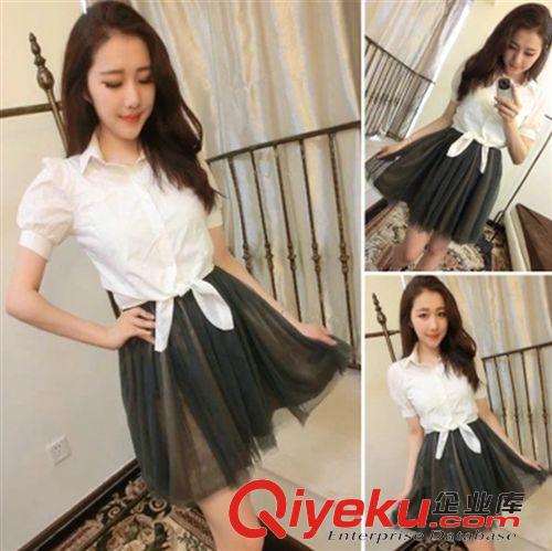 4月5期新品 2015韓版夏季新款女裝兩件套 時尚白色短袖襯衫+百搭網紗短裙套裝
