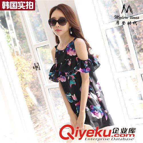 4月5期新品 韓國東大門夏裝新款花朵吊帶露肩荷葉邊雪紡度假連衣裙一件代發(fā)原始圖片2