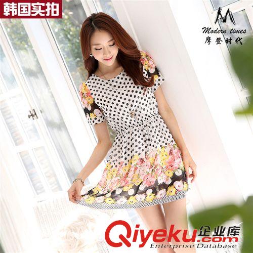 4月5期新品 東大門2015夏裝新款圓領(lǐng)印花雪紡連衣裙女裝大碼品牌連衣裙批發(fā)女
