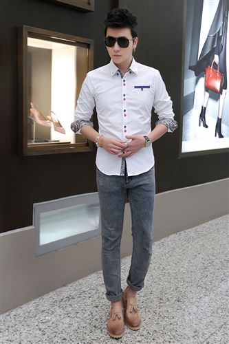 精品男裝 2015春裝新款男裝長(zhǎng)袖襯衫男士韓版修身襯衣男式拼接上衣批發(fā)原始圖片3