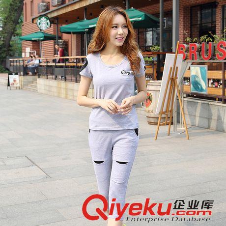 新品2 2015夏新款韓版時尚休閑運動套裝短袖T恤修身顯瘦中褲女套裝潮