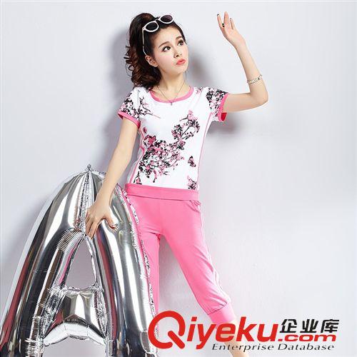 新品2 2015夏季新款印花短袖運動套裝T恤大碼女裝修身顯瘦休閑套裝批發