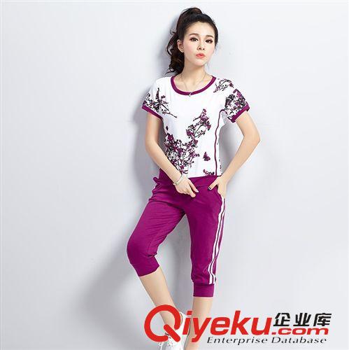 新品2 2015夏季新款印花短袖運動套裝T恤大碼女裝修身顯瘦休閑套裝批發