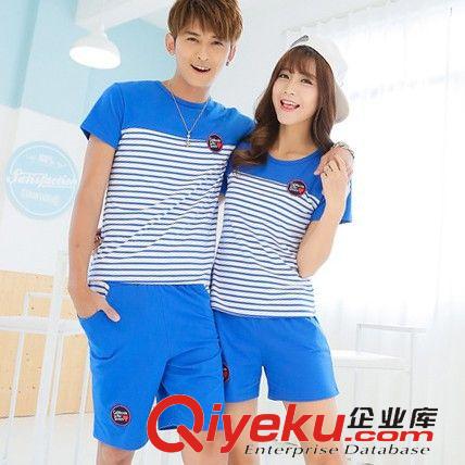 新品2 2015夏新款情侶裝韓版時尚百搭條紋拼短袖T恤+短褲套裝班服批發(fā)