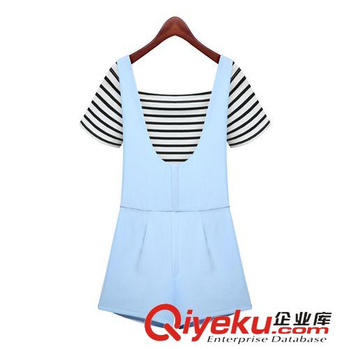 {dj2}定制， 歐洲站2015新款夏裝百搭黑白條紋露肩短袖修身女裝T恤連體褲8661原始圖片3