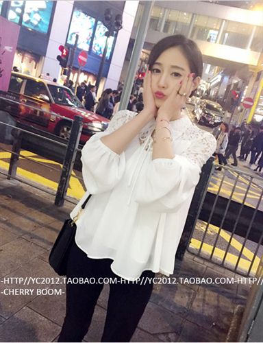 {dj2}定制， 【YESWOMEN】小宜 {dj2}定制 精致蕾絲拼雪紡襯衫 一件代發原始圖片2