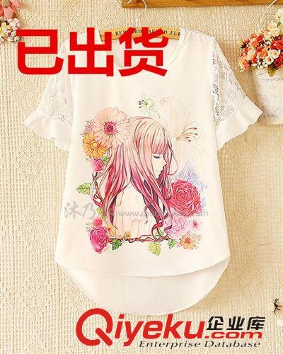雪紡衫，蕾絲衫 2015夏裝新款韓版女裝圓領(lǐng)卡通女孩印花蕾絲短袖雪紡衫原始圖片2