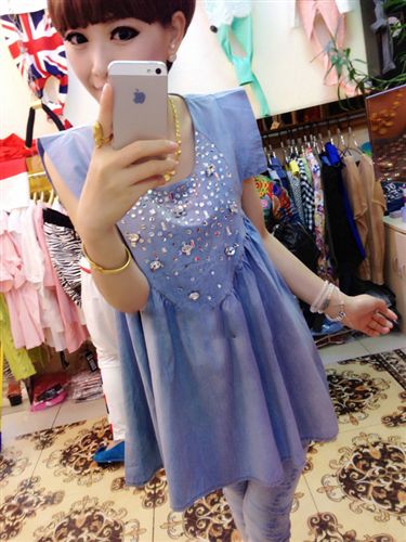 孕婦裝 2015夏裝時(shí)尚鑲鉆孕婦牛仔上衣 娃娃衫孕婦連衣裙批發(fā) 一件代發(fā)原始圖片2