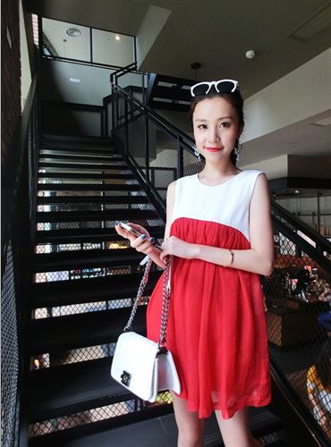 孕婦裝 2015孕婦裝 夏款韓版接拼色無袖雪紡接拼簡潔 時(shí)尚孕婦連衣裙原始圖片2