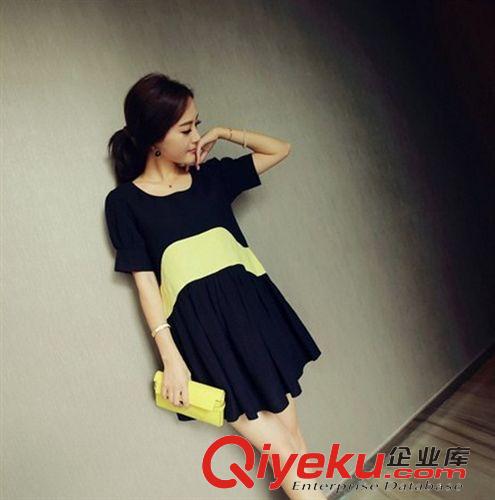 孕婦裝 2015搶眼dp撞色棉麻透氣連衣裙 韓版時尚孕婦裝撞色棉麻透氣原始圖片3