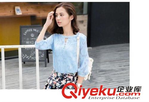 三月中旬上衣 2015夏裝新款雪紡衫女 韓版打底衫圓領七分袖雪紡衫女原始圖片2