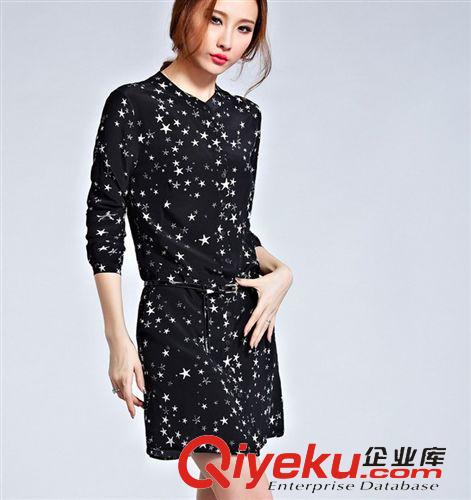 三月中旬上衣 2015 新款女裝星星 印花雪紡 韓版襯衫裙中長(zhǎng)款 連衣裙現(xiàn)貨