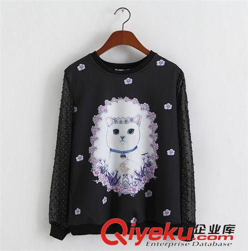 衛(wèi)衣 潮牌韓版新款衛(wèi)衣 外貿(mào)紗網(wǎng)雪紡拼接長袖卡通貓咪印花百搭T原始圖片2