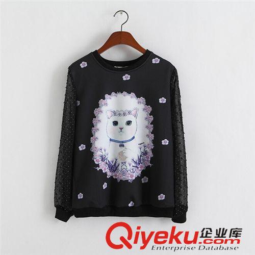 衛(wèi)衣 潮牌韓版新款衛(wèi)衣 外貿(mào)紗網(wǎng)雪紡拼接長袖卡通貓咪印花百搭T原始圖片3