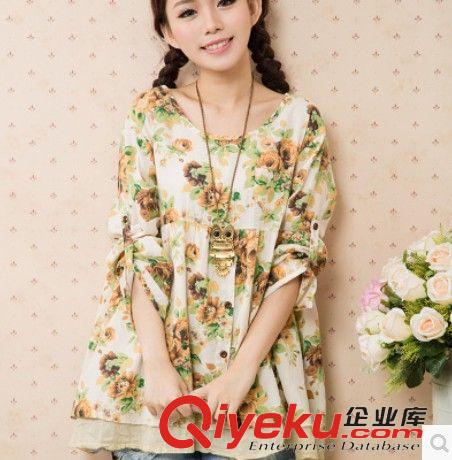 襯衫 2015新款韓版花色寬松棉麻女裝長袖大碼t恤原始圖片2