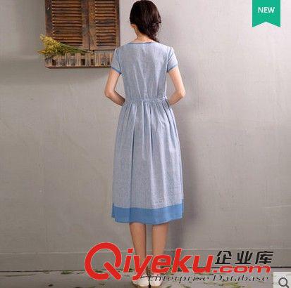 棉麻系列 2015春夏新款韓版大碼女裝圓領(lǐng)抽繩繡花撞色短袖修身女式連衣裙原始圖片3