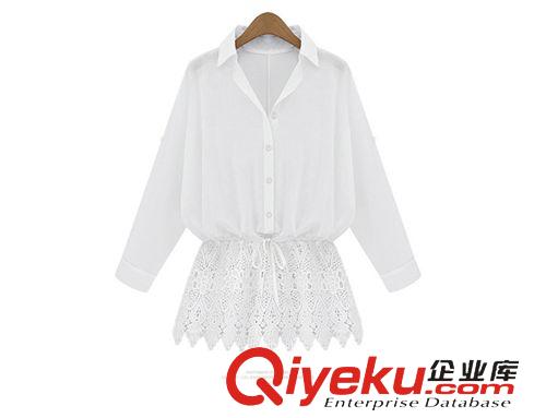 襯衫~開胸衫 2015春裝寬松大碼顯瘦收腰裙擺系帶蕾絲拼接白襯衫上衣原始圖片3