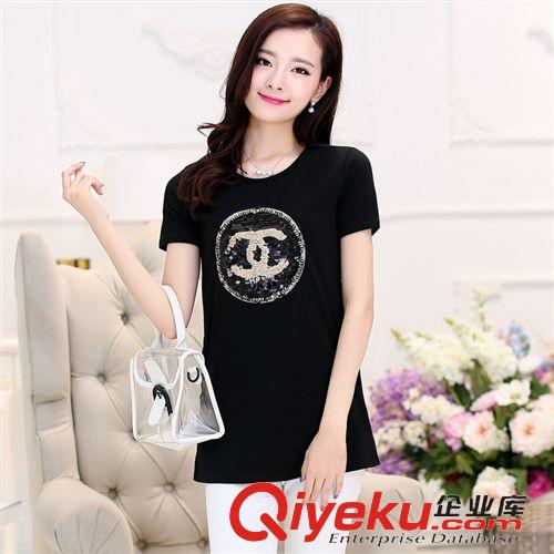 夏季新品 實拍新款韓版亮片字母修身顯瘦短袖全棉t恤 中長款打底衫女原始圖片2