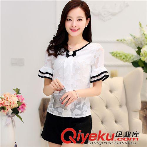 夏季新品 韓版修身顯瘦時尚蝙蝠袖打底衫 蕾絲提花小清新上衣 女式雪紡衫潮原始圖片3